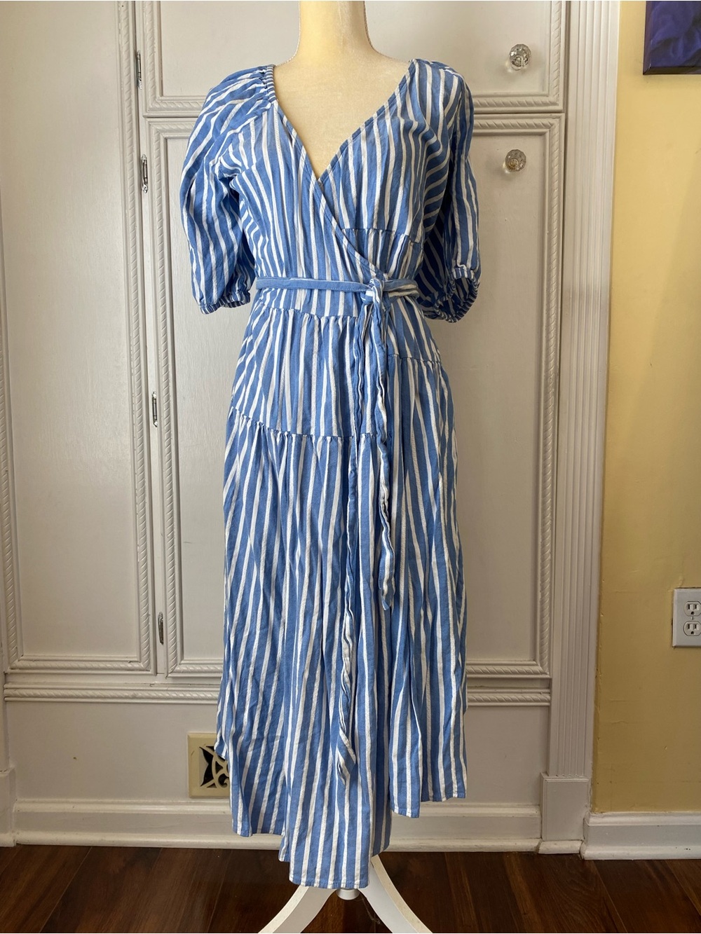 Old Navy Blue and White Striped Wrap Midi Dress